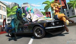  2020 absurd_res alicorn anthro anthrofied applejack_(mlp) arthropod car changeling clearvision clothed clothing cloud detailed_background digital_media_(artwork) english_text equid equine eyebrows eyelashes female ford ford_mustang forked_tongue friendship_is_magic green_eyes group hasbro hi_res hole_(anatomy) horn licking licking_lips looking_at_viewer mammal my_little_pony mythological_creature mythological_equine mythology outside princess_celestia_(mlp) queen_chrysalis_(mlp) shadow text tongue tongue_out vehicle wings 