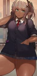  cardigan dark-skinned_female dark_elf dark_skin earbuds earphones elf female green_eyes green_ribbons hair_ornament hair_ribbon hand_in_pocket harusame-r miniskirt necktie original pointy_ears red_necktie ribbon satou_kokona school_uniform skirt sleeves_rolled_up solo thick_thighs thighs x_hair_ornament 