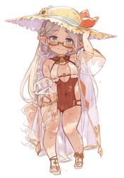  7010 bare_shoulders blue_eyes blush breasts breasts_apart brown_one-piece_swimsuit cleavage_cutout clothing_cutout covered_navel female flower full_body glasses granblue_fantasy grey_hair hand_on_headwear hand_on_own_thigh hand_up hat head_tilt looking_at_viewer one-piece_swimsuit pointy_ears sandals semi-rimless_eyewear short_sleeves simple_background small_breasts smile solo split_mouth standing standing_on_one_leg straw_hat sweat swimsuit under-rim_eyewear white_background zahlhamelina 