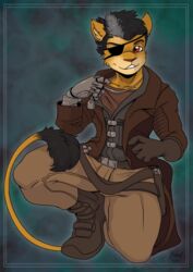  anthro boots brown_eyes clothed clothing cybernetics cyborg dog_tags eye_patch eyewear felid footwear fur gamegod210 garrett_(gamegod210) gloves handwear hi_res lion machine male mammal pantherine pink_nose solo tail tail_tuft tuft yawg yellow_body yellow_fur 