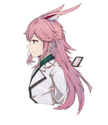  animal_ears blue_eyes closed_mouth earrings extra_ears female fox_ears hair_between_eyes honkai_(series) honkai_impact_3rd id_card jacket jewelry long_hair looking_to_the_side pink_hair q-pra simple_background smile solo white_background white_jacket yae_sakura 