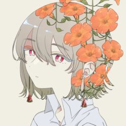  absurdres bad_id bad_pixiv_id blue_menouu bright_pupils collared_shirt earrings female flower food food-themed_earrings fruit grey_background grey_hair hair_between_eyes half-closed_eyes highres jewelry leaf looking_at_viewer orange_flower original plant portrait red_eyes shadow shirt short_sleeves simple_background solo trumpet_creeper watermelon watermelon_slice white_shirt 