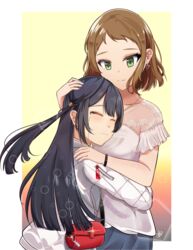  2girls absurdres bag black_hair brown_hair closed_eyes collarbone comforting commentary crying earrings green_eyes hand_on_another&#039;s_head heart heart_earrings highres hug in-franchise_crossover jewelry kira_tsubasa long_hair love_live! love_live!_nijigasaki_high_school_idol_club love_live!_school_idol_project multiple_girls one_side_up short_hair shoulder_bag signature sobbing straight_hair tears whin yuki_setsuna_(love_live!) 