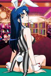  animal_ears ass blue_eyes blue_hair card casino coattails fake_animal_ears fake_tail female fujiwara_aya indoors long_hair looking_at_viewer looking_back non-web_source official_art on_table photoshop_(medium) playing_card rabbit_ears rabbit_tail sitting sleeveless smile solo super_real_mahjong table tail tanaka_ryou wrist_cuffs 