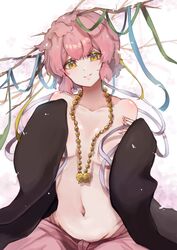  bead_necklace beads breasts commentary falling_petals female hagoromo hair_branch haori highres japanese_clothes jewelry jigokuraku koyuki_(koyuuuuuuuuuuu) looking_at_viewer navel necklace peach_blossom petals pink_hair shawl short_hair simple_background sleeves_past_wrists small_breasts smile solo symbol-only_commentary tao_fa unworn_kimono white_background yellow_eyes 