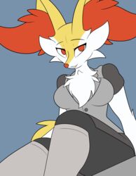  absurd_res anthro bottomwear braixen breasts cheek_tuft chest_tuft clothing facial_tuft female fur generation_6_pokemon grey_bottomwear grey_clothing grey_legwear grey_pants grey_shirt grey_stockings grey_topwear hi_res inner_ear_fluff legwear low-angle_view medium_breasts nintendo orange_eyes orange_inner_ear_fluff orange_nose pants pokemon pokemon_(species) shirt sitting solo stockings tail teeth thelasthope topwear tuft uniform white_body white_fur white_tuft yellow_body yellow_fur yellow_tail 