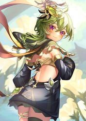  backless_dress backless_outfit bare_shoulders black_dress bra closed_mouth collei_(genshin_impact) dress female genshin_impact green_hair green_robe hair_ornament highres long_sleeves looking_at_viewer looking_back natsuki_yoru purple_eyes robe smile underwear 