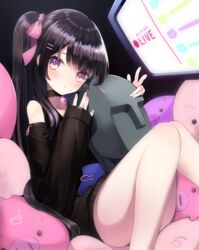  bad_id bad_pixiv_id bare_shoulders bell black_background black_choker black_hair black_sweater blush bow choker closed_mouth commentary_request eyebrows_hidden_by_hair feet_out_of_frame female fingernails hair_ornament hairbow hairclip highres indie_virtual_youtuber jingle_bell knees_together_feet_apart knees_up livestream long_hair long_sleeves looking_at_viewer monitor nail_polish neck_bell one_side_up pig pink_bow pink_nails purple_eyes reikira retorillo signature sleeves_past_wrists solo sweater very_long_hair virtual_youtuber 