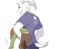  4:3 ambiguous_gender annoyed anthro arm_around_waist asriel_dreemurr boss_monster_(undertale) bottomwear bovid brown_hair caprine carrying_person clothed clothing deltarune duo hair hi_res horn human kris_(deltarune) long_ears male mammal pants shirt sibling_(lore) simple_background topwear undertale undertale_(series) white_hair y_r_k_4 young 