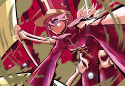  blurry bodysuit bone caibao_return commentary depth_of_field female hat jakuzure_nonon jakuzure_nonon_(symphony_regalia) kill_la_kill photoshop_(medium) pink_bodysuit pink_eyes pink_hair shako_cap sidelocks solo 