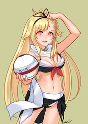  adapted_costume ball bikini black_bikini blonde_hair carillus commentary_request cowboy_shot female front-tie_top gradient_hair hair_flaps hair_ornament hair_ribbon hairclip highres kantai_collection long_hair looking_at_viewer multicolored_hair navel red_eyes ribbon sailor_bikini sailor_collar sarong scarf signature solo standing swimsuit white_scarf yuudachi_(kancolle) yuudachi_kai_ni_(kancolle) yuudachi_kai_ni_(swimsuit)_(kancolle) 