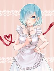  apron bare_arms blue_eyes blue_hair blush breasts chii_(sbshop) collarbone commentary_request dress female frilled_apron frills hair_over_one_eye hand_on_own_chest heart holding kirishima_touka looking_at_viewer looking_to_the_side medium_breasts open_mouth short_hair solo striped striped_background thinking tokyo_ghoul whisk white_apron white_dress 