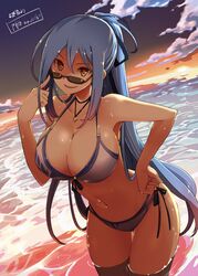  bikini blue_hair blue_sky breasts character_request cleavage commentary_request cowboy_shot eyewear_on_head female hair_between_eyes hair_ribbon hakoniwa_tsuka hand_on_own_hip jewelry large_breasts long_hair looking_at_viewer multi-strapped_bikini_bottom necklace outdoors ponytail ribbon side-tie_bikini_bottom sidelocks sky smile solo sunglasses sunset swimsuit very_long_hair wading wet yellow_eyes 