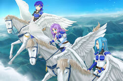  3girls armor bad_id bad_pixiv_id blue_eyes blue_hair circlet farina_(fire_emblem) fiora_(fire_emblem) fire_emblem fire_emblem:_the_blazing_blade florina_(fire_emblem) gloves highres huey_(fire_emblem) long_hair multiple_girls pazuzu438 pegasus pegasus_knight_uniform_(fire_emblem) purple_hair short_hair siblings sisters thighhighs 