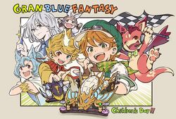  2girls 4boys alec_(granblue_fantasy) alternate_costume blonde_hair bow bowtie brown_gloves checkered_flag commentary_request copyright_name erune fingerless_gloves flag freckles glass glasses gloves granblue_fantasy green_hat grey_hair hat heterochromia kodomo_no_hi leonora_(granblue_fantasy) long_hair minaba_hideo multiple_boys multiple_girls noa_(granblue_fantasy) oerba_yun_fang official_art open_mouth orange_hair outside_border screwdriver simple_background smile spiked_hair syr_(granblue_fantasy) tan_background thelonim toy_car vyrn_(granblue_fantasy) 