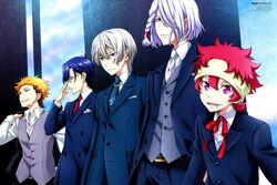  5boys a-drei absurdres braid foreshortening formal glasses group_picture group_profile h-neun highres kakumeiki_valvrave l-elf lineup male_focus mole multiple_boys official_art profile q-vier sawada_mika x-eins 