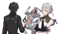  3boys ahoge armor azarashi_ball black_hair blush chinese_armor chinese_clothes closed_eyes commentary_request detached_sleeves fate/grand_order fate_(series) fujimaru_ritsuka_(male) fujimaru_ritsuka_(male)_(polar_chaldea_uniform) gloves grey_hair highres horse male_focus multiple_boys prince_of_lan_ling_(fate) red_hare_(fate) smile 