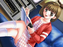  blush book female fifteen game_cg indoors joy_ride legs_crossed libido looking_at_viewer short_hair sitting socks solo 