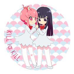  2girls aged_down black_eyes black_hair bow commentary_request copyright_name dress holding_hands jakuzure_nonon kill_la_kill kiryuuin_satsuki long_hair multiple_girls pantyhose pink_eyes pink_hair sako_(namocake) school_uniform short_hair smile 