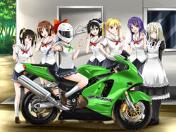  1boy 6+girls aged_down amano_onsa armpit_peek bakuon!! commentary hayakawa_hikari helmet kawasaki kawasaki_ninja_zx-12r kawasaki_raimu minowa_hijiri motor_vehicle motorcycle multiple_girls nakano_chisame otoko_no_ko sakura_hane school_uniform suzuki-shi suzunoki_rin twintails v 