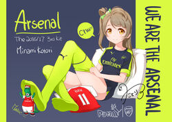  adjusting_clothes adjusting_legwear arsenal_fc bottomless brown_eyes brown_hair character_name character_signature commentary_request copyright_name feet female green_thighhighs highres long_hair looking_at_viewer love_live! love_live!_school_idol_project mesut_ozil minami_kotori no_shoes photoshop_(medium) pillow puma_(brand) shirt short_sleeves signature smile soccer_uniform soles solo sportswear thighhighs trane7nine 