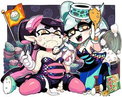  2girls belly big_belly bowl callie_(splatoon) chopsticks collaboration commentary cousins eating egg fangs feeding flag food force-feeding full_mouth full_stomach gashi-gashi highres inkling marie_(splatoon) multiple_girls pantyhose rice rice_bowl short_jumpsuit snot soy_sauce soy_sauce_bottle splatoon_(series) splatoon_1 sweat tears yoshino_norihito 