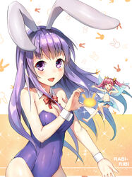  2girls :d animal_ears bare_shoulders barefoot breasts cleavage commentary copyright_name detached_collar detached_sleeves erina_(rabi-ribi) fairy flat_chest himonoata long_hair looking_at_viewer medium_breasts multiple_girls navel one_eye_closed open_mouth pink_hair playboy_bunny purple_eyes purple_hair rabbit_ears rabi-ribi ribbon ribbon_(rabi-ribi) shiny_skin sleeveless smile twintails wings 