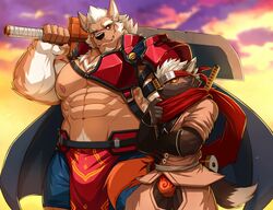  abs asian_clothing biceps big_muscles bottomwear canid canine canis clothing crotch_window crotchless_bottomwear crotchless_clothing crotchless_pants demon domestic_dog drks duo east_asian_clothing fundoshi hair headgear headwear hi_res japanese_clothing lifewonders male mammal marchosias_(tas) melee_weapon muscular muscular_male ninja nipples open_crotch pants pecs red_clothing red_fundoshi red_underwear scarf size_difference sword tadatomo_(tas) text text_on_clothing text_on_headwear tokyo_afterschool_summoners underwear warrior weapon white_hair wolf 