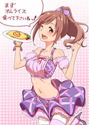  ;d aikatsu! aikatsu!_(series) blush breasts brown_hair clearite commentary_request cosplay female food high_heels idolmaster idolmaster_cinderella_girls igarashi_kyoko index_finger_raised medium_breasts midriff navel omelet omurice one_eye_closed open_mouth ponytail shibuki_ran shibuki_ran_(cosplay) skirt smile solo thighhighs translated 