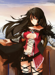  asymmetrical_clothes bandaged_arm bandages belt black_choker black_hair black_skirt breasts brown_eyes choker commentary_request expressionless female highres long_hair medium_breasts microskirt navel orokanahime skirt solo tales_of_(series) tales_of_berseria torn_clothes velvet_crowe 