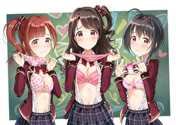  3girls ahoge black_hair blazer blush bra breasts brown_eyes brown_hair chalkboard cleavage commentary_request holding holding_clothes holding_panties holding_underwear idolmaster idolmaster_cinderella_girls idolmaster_cinderella_girls_starlight_stage igarashi_kyoko jacket kohinata_miho large_breasts long_hair looking_at_viewer love_letter_(idolmaster) md5_mismatch multiple_girls nervous_smile one_side_up panties photoshop_(medium) pink_check_school_(idolmaster) presenting_removed_panties school_uniform shimamura_uzuki shirosaba short_hair smile take_your_pick underwear unworn_panties 