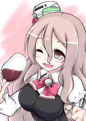  alcohol blush breasts brown_eyes commentary_request cup drinking_glass female grey_hair hair_between_eyes hat highres kantai_collection large_breasts long_hair long_sleeves mini_hat nanashino_(nanasino101) one_eye_closed open_mouth photoshop_(medium) pola_(kancolle) ribbon smile solo wavy_hair wine wine_glass 