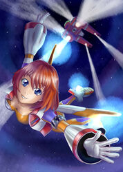  blue_eyes bodysuit breasts burning_rangers cleavage commentary_request falling female gauntlets gloves hovercraft photoshop_(medium) red_hair short_hair smile solo spotlight thrusters tillis toy-t watercraft 