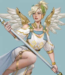  blonde_hair blue_background blue_eyes breasts cleavage commentary eyeshadow feathered_wings female gorget head_wreath laurel_crown lips makeup mechanical_wings medium_breasts mercy_(overwatch) mistermagnolia nose official_alternate_costume overwatch overwatch_1 photoshop_(medium) solo staff winged_victory_mercy wings 