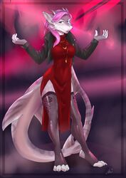  4_toes 5_fingers absurd_res anthro biped breasts closed_(disambiguation) digital_media_(artwork) feet female fingers fish hair hi_res marine non-mammal_breasts omesore pink_eyes pink_hair purple_hair shaded shark smile solo standing toes wide_hips 