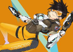  bad_id bad_pixiv_id black_hair bodysuit character_name dual_wielding earrings female goggles gun holding jacket jewelry looking_at_viewer miyamae_(miyazen9311) orange_bodysuit orange_goggles overwatch overwatch_1 photoshop_(medium) short_hair smile solo spiked_hair thigh_strap tracer_(overwatch) weapon 