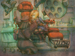  1boy asterisk_kome barber_chair belt blonde_hair boots chair commentary_request doctor female gloves hat holster mask military military_uniform photoshop_(medium) sam_browne_belt short_hair sitting uniform 