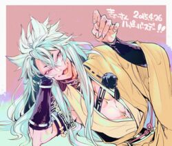  1boy :3 bad_id bad_link bad_twitter_id blush dated hair_flaps japanese_clothes kogitsunemaru long_hair looking_at_viewer male_focus oerba_yun_fang open_mouth pom_pom_(clothes) red_eyes smile solo touken_ranbu translated v-shaped_eyebrows white_hair yousuke_(yosk) 