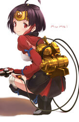  armor back bandages black_hair blue_ribbon breasts cable character_name closed_mouth commentary_request eyelashes female full_body gun hair_ornament headpiece holding holding_gun holding_weapon koutetsujou_no_kabaneri long_sleeves looking_at_viewer looking_back medium_breasts mumei_(kabaneri) pachi_(sugiyama0306) red_eyes ribbon shadow shoes short_hair simple_background solo squatting steampunk toeless_footwear topknot trigger_discipline weapon white_background 