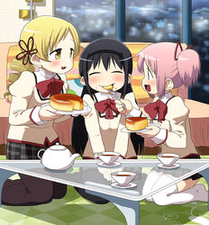  3girls :d akemi_homura black_hair black_hairband black_pantyhose blonde_hair blush bow bowtie brown_pantyhose cake cheesecake closed_eyes collared_shirt commentary_request couch crumbs cup drill_hair feeding flower food food_on_face fork glass glass_table hair_flower hair_ornament hair_ribbon hairband half-closed_eyes highres indoors kaname_madoka kneeling long_hair long_sleeves mahou_shoujo_madoka_magica mahou_shoujo_madoka_magica_(anime) mitakihara_school_uniform multiple_girls open_mouth pantyhose pillow pink_eyes pink_hair plaid plaid_skirt pleated_skirt profile red_bow red_bowtie ribbon rug school_uniform seiza shirt short_hair sitting skirt smile table tea teacup teapot thighhighs tomoe_mami twin_drills twintails v_arms wall wariza white_shirt white_thighhighs window yellow_eyes yoshino_norihito 