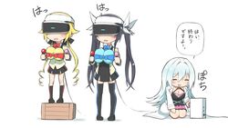  3girls april_fools balloon black_dress black_footwear black_hair black_legwear black_ribbon blazer blonde_hair blue_bow blue_neckwear bow bowtie box breast_padding breasts brown_jacket buttons cable chibi cleavage closed_eyes commentary_request controller dress drill_hair facing_viewer game_console hair_between_eyes hair_flaps hair_intakes hair_ribbon hairbow halterneck hand_on_own_thigh head-mounted_display holding holding_controller jacket lab_coat large_breasts long_hair long_sleeves low_twintails multiple_girls open_clothes open_jacket open_mouth ore_twintail_ni_narimasu playstation_4 playstation_vr red_bow red_bowtie ribbon seiza shindou_erina shirt shoes short_dress sidelocks simple_background sitting smile speech_bubble standing striped talking thighhighs translated tsube_aika twintails twoearle very_long_hair white_background white_bow white_shirt wooden_box yuto_(dialique) 