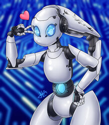  android disney drossel_von_flugel_(fireball) eyelashes female fireball_(disney) gesture glowing glowing_eyes hand_gesture harry_amor&oacute;s heart_symbol hi_res humanoid looking_at_viewer machine not_furry pose robot robot_humanoid robot_joints solo standing v_sign 