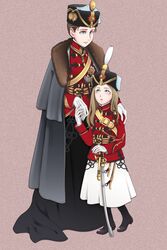  2girls black_footwear blonde_hair blue_eyes boots brown_hair cloak collared_jacket commentary_request fur_trim gloves hair_up hand_on_hilt hand_on_shoulder hat highres holding_hands hussar jacket long_hair medal military military_uniform mother_and_daughter multiple_girls plume real_life red_jacket romania saber_(weapon) shako_cap sheath sheathed sword toge_inu uniform weapon white_gloves world_war_i 