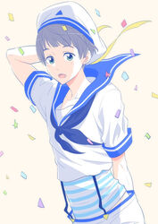  1boy blue_eyes blush commentary_request confetti free! grey_hair hat male_focus nitori_aiichirou open_mouth oshidorio sailor sailor_hat smile solo 