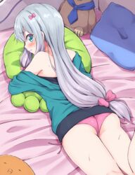  aqua_eyes ass bare_shoulders bed_sheet blush bow commentary_request eromanga_sensei female from_behind green_jacket grey_hair hairbow highres izumi_sagiri jacket long_hair looking_back lying on_stomach panties pillow pink_bow pink_panties solo stuffed_animal stuffed_octopus stuffed_toy takanashi_sora_(soramyon) underwear 