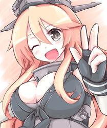  blonde_hair breasts cleavage commentary_request elbow_gloves female fingerless_gloves front-tie_top gloves grey_eyes hair_between_eyes headgear iowa_(kancolle) kantai_collection large_breasts long_hair nanashino_(nanasino101) one_eye_closed open_mouth photoshop_(medium) sleeveless solo 