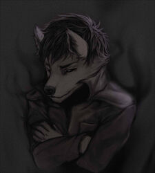  2015 anthro arkane_studios black_eyes canid canine canis clothed clothing dark dark_theme dishonored fur glowing hair johnfreak male mammal microsoft night outsider_(dishonored) shadow smoke solo wolf 