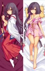  barefoot bed_sheet blush bow_(weapon) commentary_request dakimakura_(medium) dress female hair_ribbon japanese_clothes long_hair lying miko multiple_views off_shoulder on_back on_side pillow purple_hair ribbon socks tokyo_ravens tsuchimikado_natsume weapon yellow_eyes yuj_(moemarket) 