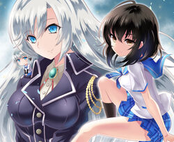  3girls black_hair blue_eyes breasts brown_eyes commentary_request himeragi_yukina ishizu_kayu kanase_kanon la_folia_rihavein large_breasts long_hair medium_breasts mini_person minigirl multiple_girls plaid plaid_skirt saikai_academy_school_uniform school_uniform short_hair short_sleeves silver_hair skirt smile strike_the_blood uniform very_long_hair 