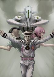  3boys bad_id bad_pixiv_id black_hair dixie_cup_hat female hat higashikata_joshu higashikata_josuke_(jojolion) highres hirose_yasuho jojo_no_kimyou_na_bouken jojolion kome_(katayama_id) military_hat multiple_boys pink_hair soft_&amp;_wet stand_(jojo) 